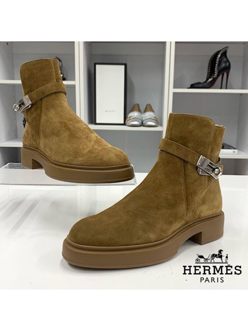 Hermes Veo Suede Kelly Hardware Shearling Boots Brown